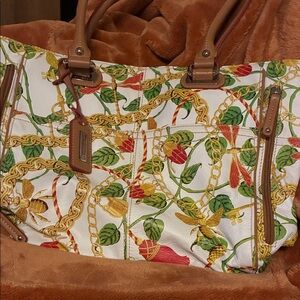 Tignanello White Tote with Gold Chain & Floral Print
